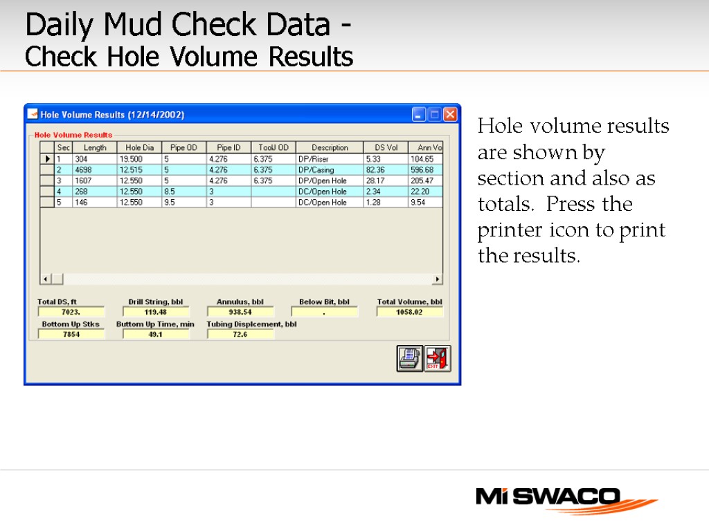Daily Mud Check Data - Check Hole Volume Results Hole volume results are shown